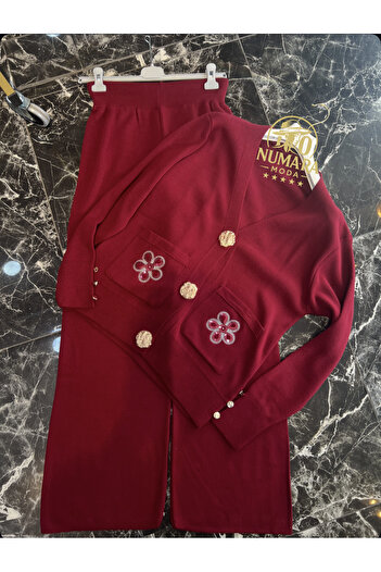 MY QILAM Women's Hijab Set Floral Embroidered Gold Button Knitwear Bottom and Top Set Burgundy