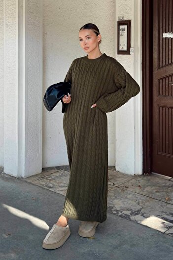 Swist Rochie midi din tricot pentru femei, cu gât rotund, împletită, kaki