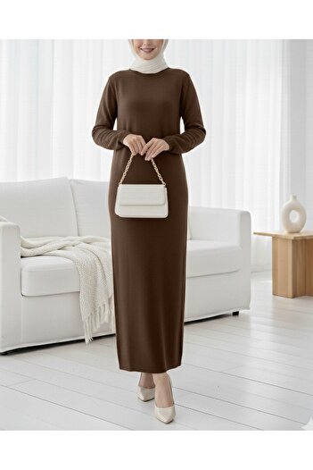 Modamorfo Knitwear Dress with Elastic Sleeves and Pompom Detail - Brown