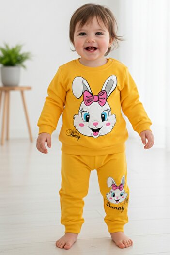 Ege Bebek Kız Bebek Mevsimlik Uzun Kollu Sevimli Tavşan Baskılı Sweathirt Alt Üst Takım