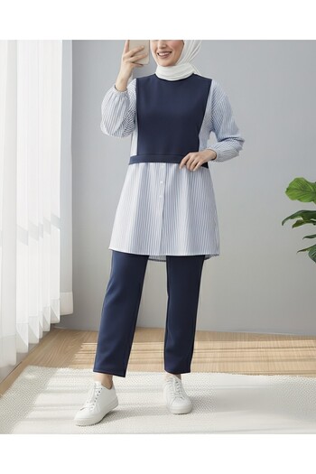 Modamorfo Combed Cotton Suit with Elastic Sleeves and Striped Shirt Detail - Navy