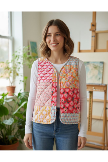 chipiques Patchwork Printed Colorful Patterned Fluffy Adult Quilted Vest Stylish Design