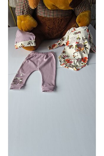 Miniworld Erkek-Kız Bebek Omuz Genişletmeli Çıtçıtlı Body Pijama Bere Takımı, %100 Pamuk , Modern Tasarım
