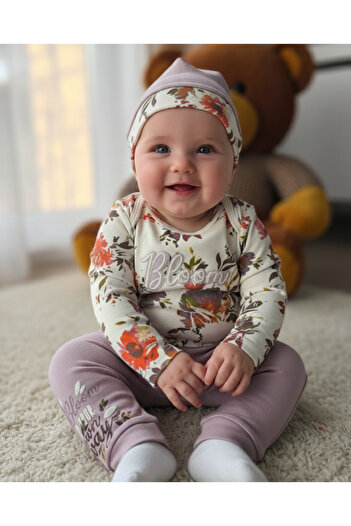 Miniworld Erkek-Kız Bebek Omuz Genişletmeli Çıtçıtlı Body Pijama Bere Takımı, %100 Pamuk , Modern Tasarım