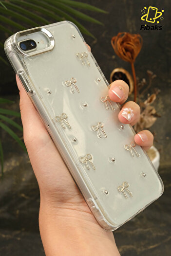 Fibaks Apple iPhone 7 / 8 Plus Case Bow Pattern Transparent Glitter Silver Camera Protruding Glossy Cover
