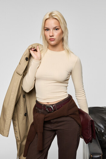 GRIMELANGE Grigros Women's Stretchy Fabric Slim Fit Long Sleeve Beige T-Shirt