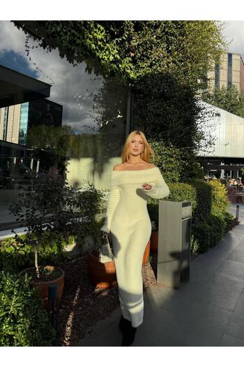 Angel Mia Yumoş Madonna Yaka Triko Elbise Vanilya