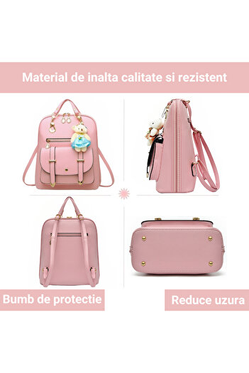 Inteliced Women's leather backpack Pink, Inteliced®, 30x27x12 cm, mini teddy bear attached, multiple compartments