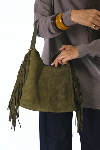 ABBRA Women's Real Suede Leather Puppy Bag with Tassels on the Sides