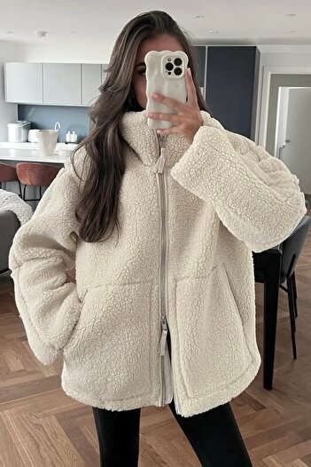 Moderk HM Bol Kesim Oversize Peluş Ceket Mont Kadın Uzun Tesettür Uygun