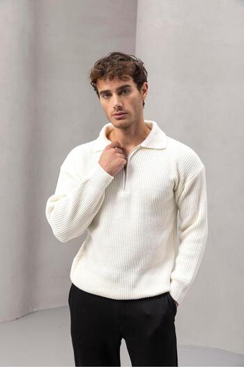 Valiberta Gibson Oversize Half Zip Shirt Polo Neck Thessaloniki Knitted Men's Knitwear Sweater - Ecru