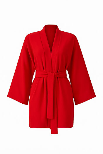 Glowear Atelier Red Linen Blended Belted Design Kimono