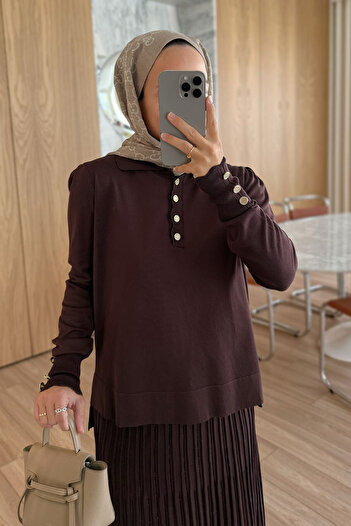Ka Hijab Σετ Mercerized με Φούστα με λεπτομέρειες λάμψης - Καφέ