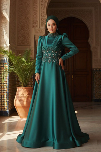 Neva Style Beaded Green Satin Hijab Evening Dress 22640Y