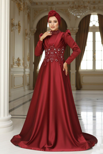 Neva Style Βραδινό φόρεμα Hijab με χάντρες μπορντό σατέν 22640br