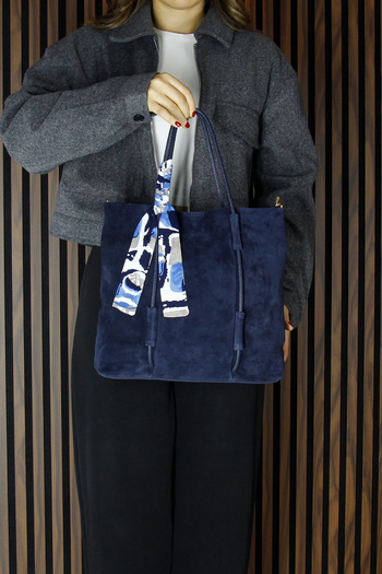 Erkan Saçmacı Navy Blue Genuine Cowhide Suede Large Size Daily Shoulder Bag with Magnetic Closure, Zippered Inner Pocket and Strap