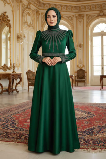 Neva Style Beaded Green Satin Hijab Evening Dress 22840Y