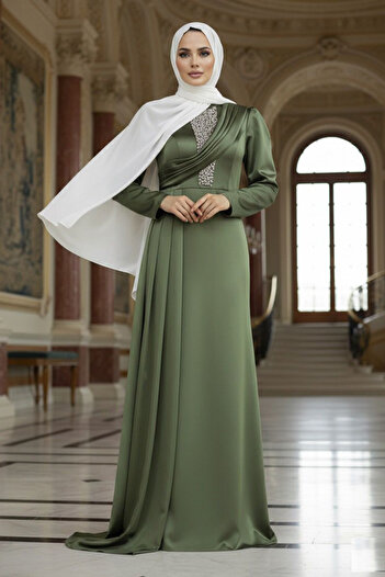 Neva Style Tailed Green Satin Hijab Evening Dress 22891Cy