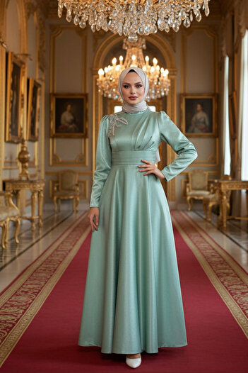 Neva Style Satin Mint Hijab Evening Dress 22301Mint
