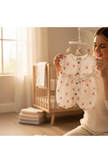 Nanon Baby Altıntaş Baby - Cherry Pompom Patterned Muslin Bow Jumpsuit