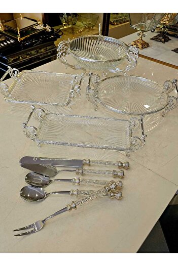 MaviDamla Cast Metal Frame Glass and Serving Presentation Set 9 Pieces Silver