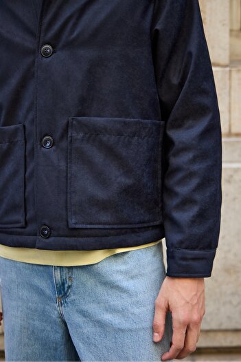 Danger Suede Quilted Men's Coat Navy Blue Jacket