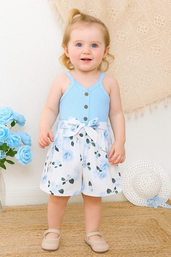 miço kids Blue Floral Patterned Bow Girl's Jumpsuit