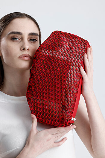 HEYBE'S Women's Red Honeycomb Patterned Transparent Clutch Handbag
