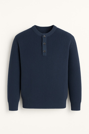 Valiberta Wes Thessaloniki Knitted 3 Button Half Placket Comfortable Fit Men's Knitwear Sweater - Indigo