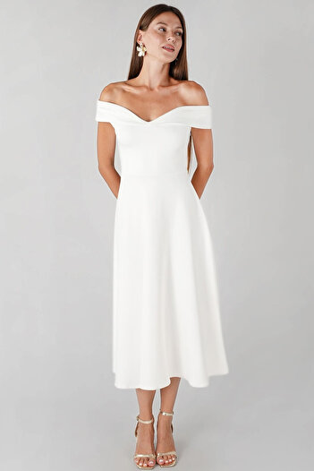 OLSAMODA Women's Madonna Collar Skirt Flare Lycra Fabric Midi Length Dress
