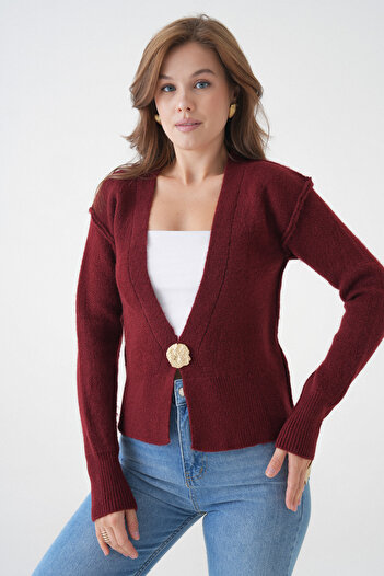 bayansepeti Black Knitwear Fabric Gold Button and Reverse Stitch Design Cardigan 3481