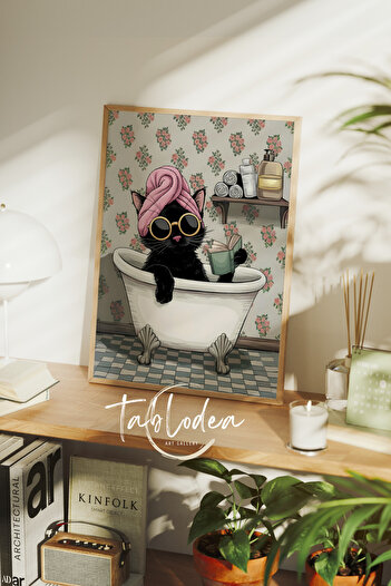 tablodea Kedili Banyo Çerçeveli Poster Tablo, Kedili Wc Soyut Dekoratif Modern Tablo, Kedili Pinterest Tablo