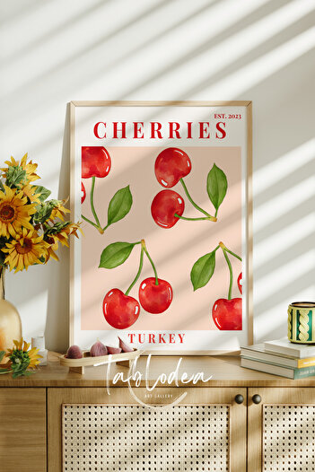 tablodea Kiraz Desenli Modern Mutfak Dekoru Çerçeveli Poster Tablo, Minimalist Dekoratif Bohem Mutfak Tablosu
