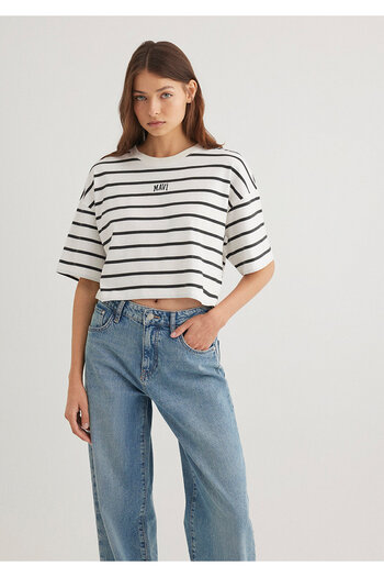 Mavi Λογότυπο εμπριμέ μαύρο ριγέ Crop T-shirt Crop / Short Cut1612227-86678
