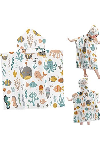 Saharaz Kids Hooded Poncho Bath Towel,Absorbent Microfibre Swimming Bath Towel for Girls Boys,65 x 75 cm