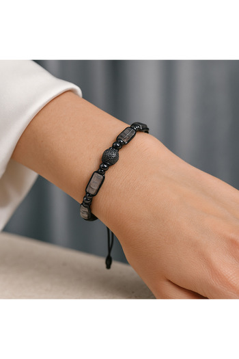 OSMANLI DEĞERLİ TAŞ Certified Rutilli Quartz-Hematite Natural Stone Macrame Adjustable Bracelet with Zircon Apparatus