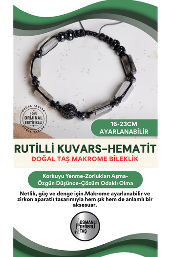 OSMANLI DEĞERLİ TAŞ Certified Rutilli Quartz-Hematite Natural Stone Macrame Adjustable Bracelet with Zircon Apparatus