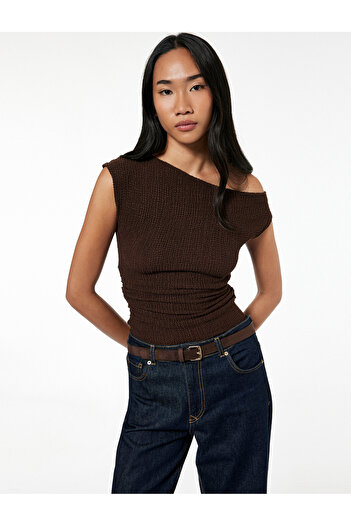 Koton Wrap Fabric Drape Detail Asymmetrical Boat Neck Sleeveless Blouse