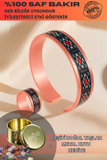 OSMANLI GÜMÜŞ Women's Copper Bracelet Ring Set - Zeta Model Special Edition Metal Box and Quartz Stone
