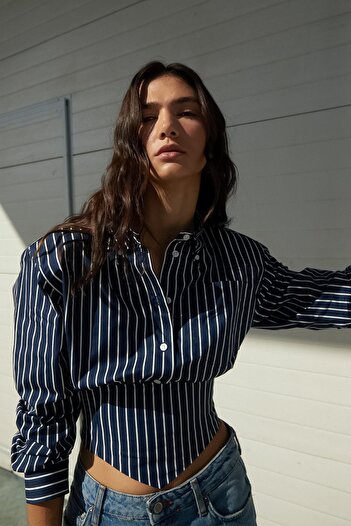 MARKALİSTE Corsage Detailed Striped Poplin Shirt Navy Blue