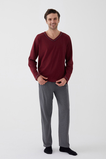koza iç giyim Men's Cotton Long Sleeve Pajama Set with Intermediate Ribs and Pocket Detail