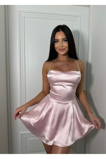 SanalBarkod Pembe Saten Volanlı Mini Elbise Kadın Gecelik