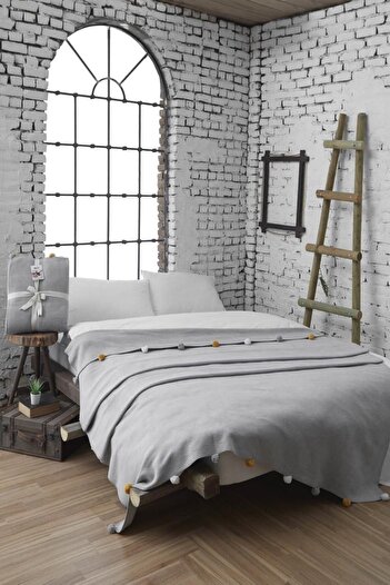 Dolce Bonita Home Double Pompom Pique Blanket 200x220 Gray