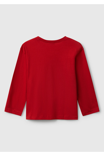 United Colors of Benetton Boy's Red Organic Cotton Long Sleeve Jersey T-Shirt with Logo Printed on the Front