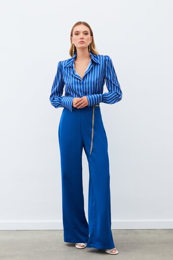 Sateen Satin Crepe Trousers with Chain - Indigo