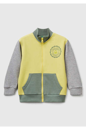 United Colors of Benetton Boy's yellow-grey logo detailed front zippered ribbed sweatshirt
