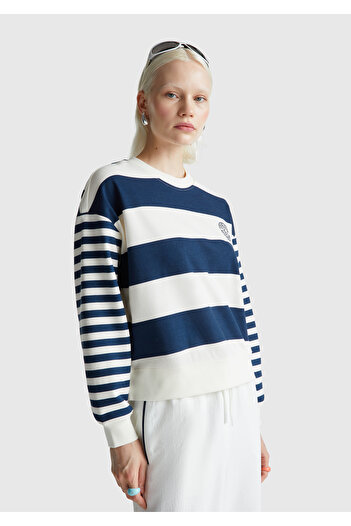 United Colors of Benetton Women's Navy Blue Striped Cotton Blend Color Block Sweatshirt with Logo Print on the Chest