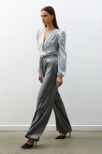 Sateen Shiny Waist Elastic Trousers - ANTHRACITE