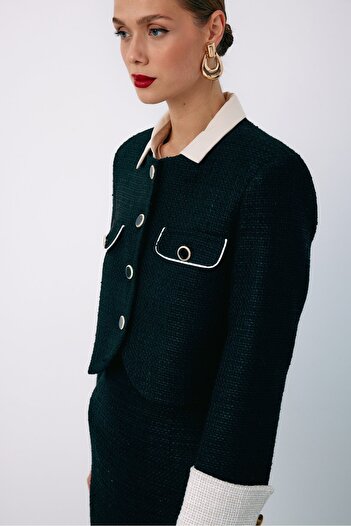 Sateen Black Short Tweed Contrast Jacket