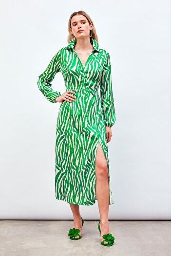 Sateen Green Shirt Dress - Slit Detail